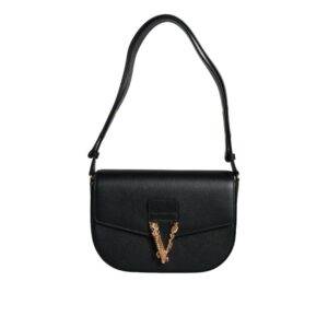 VERSACE - Bolso cruzado de hombro con logo de cuero de ternera negro y rugoso
